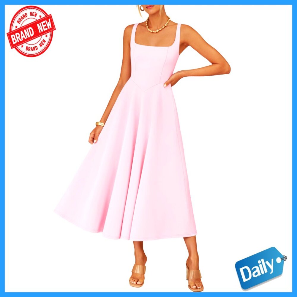 Sleeveless Midi Dress Square Neck A-Line Casual Beach Vacation Long Dress With